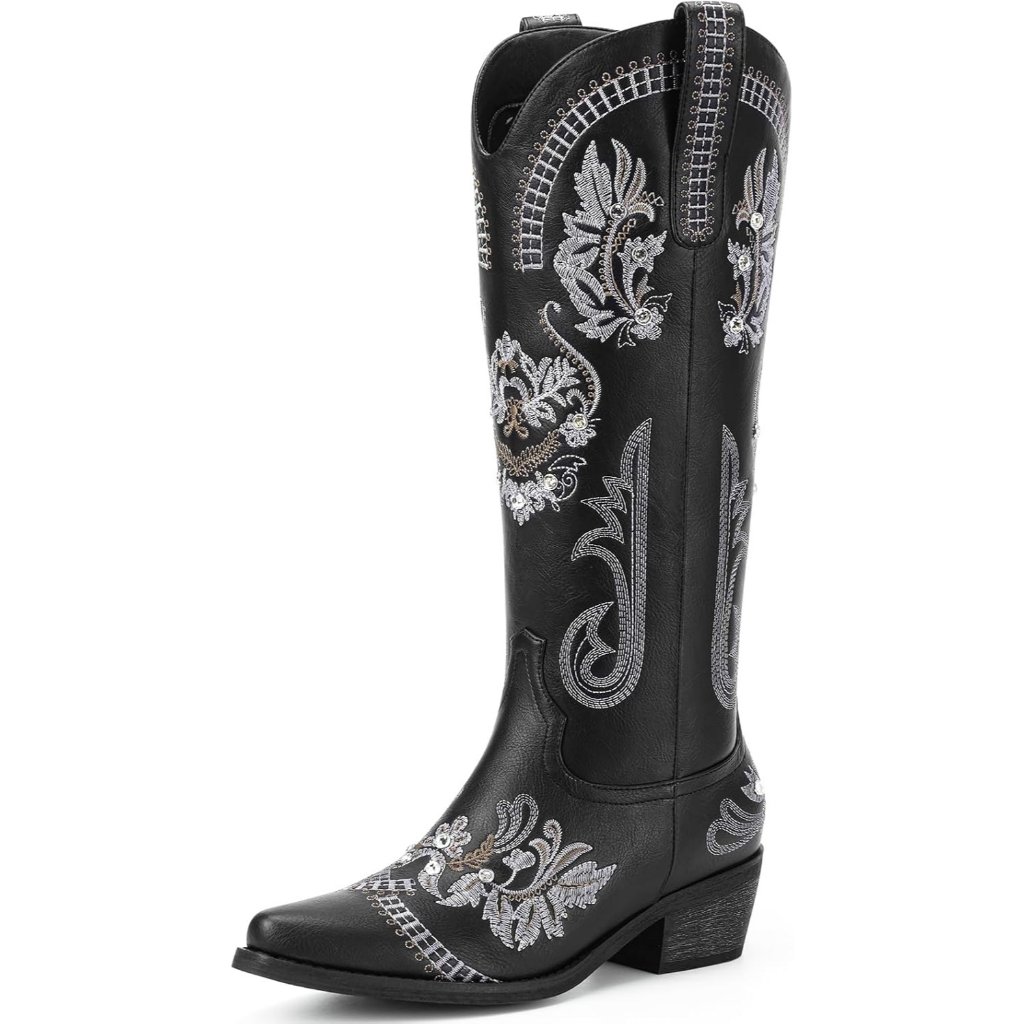 Women Black Faux Leather Knee High Sparkly Rhinestone Embroidered Boots